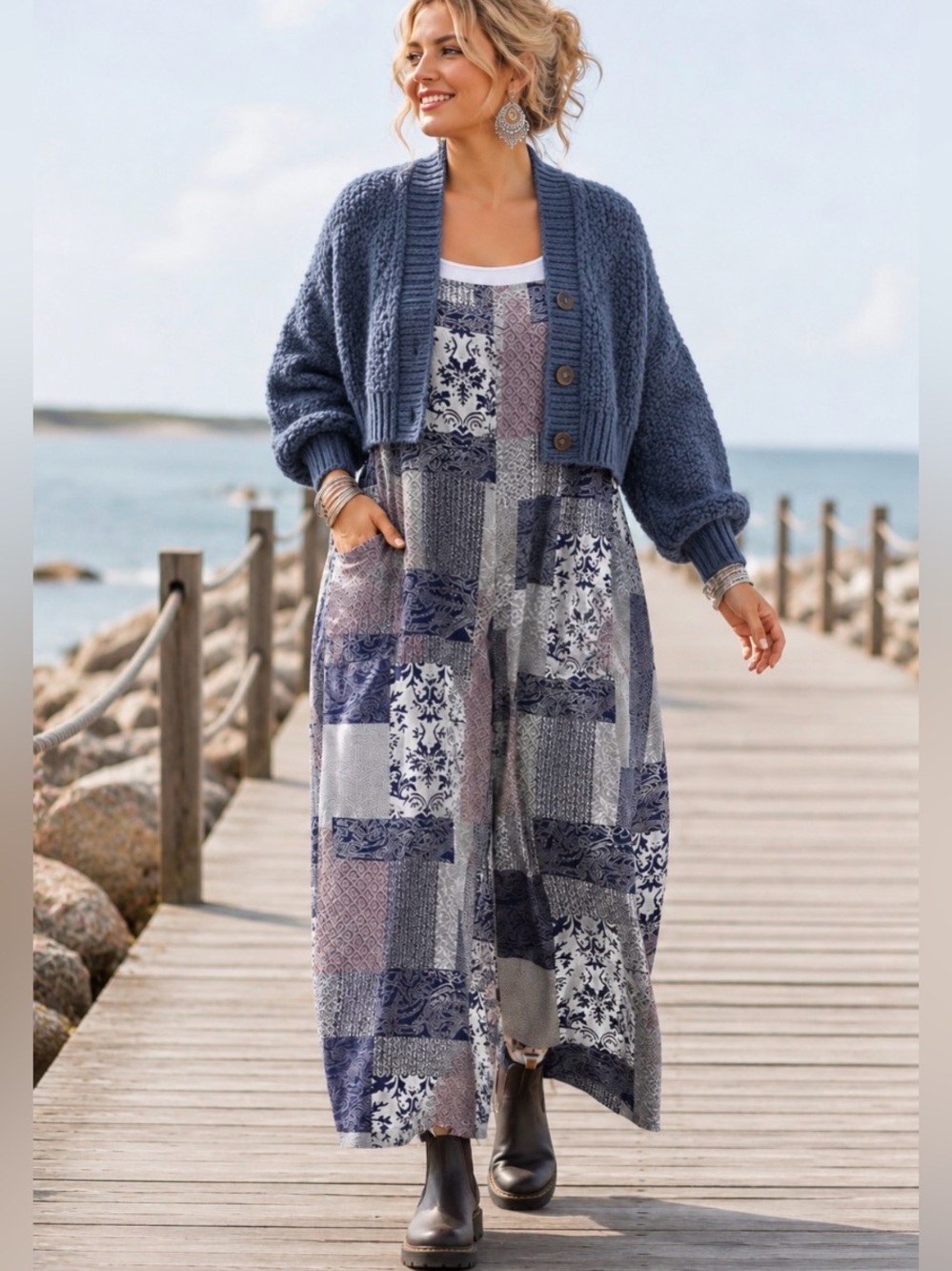 XXL Patchwork Print Wide-Leg 100% Cotton Oversized Jumpsuit - Blue/Gray